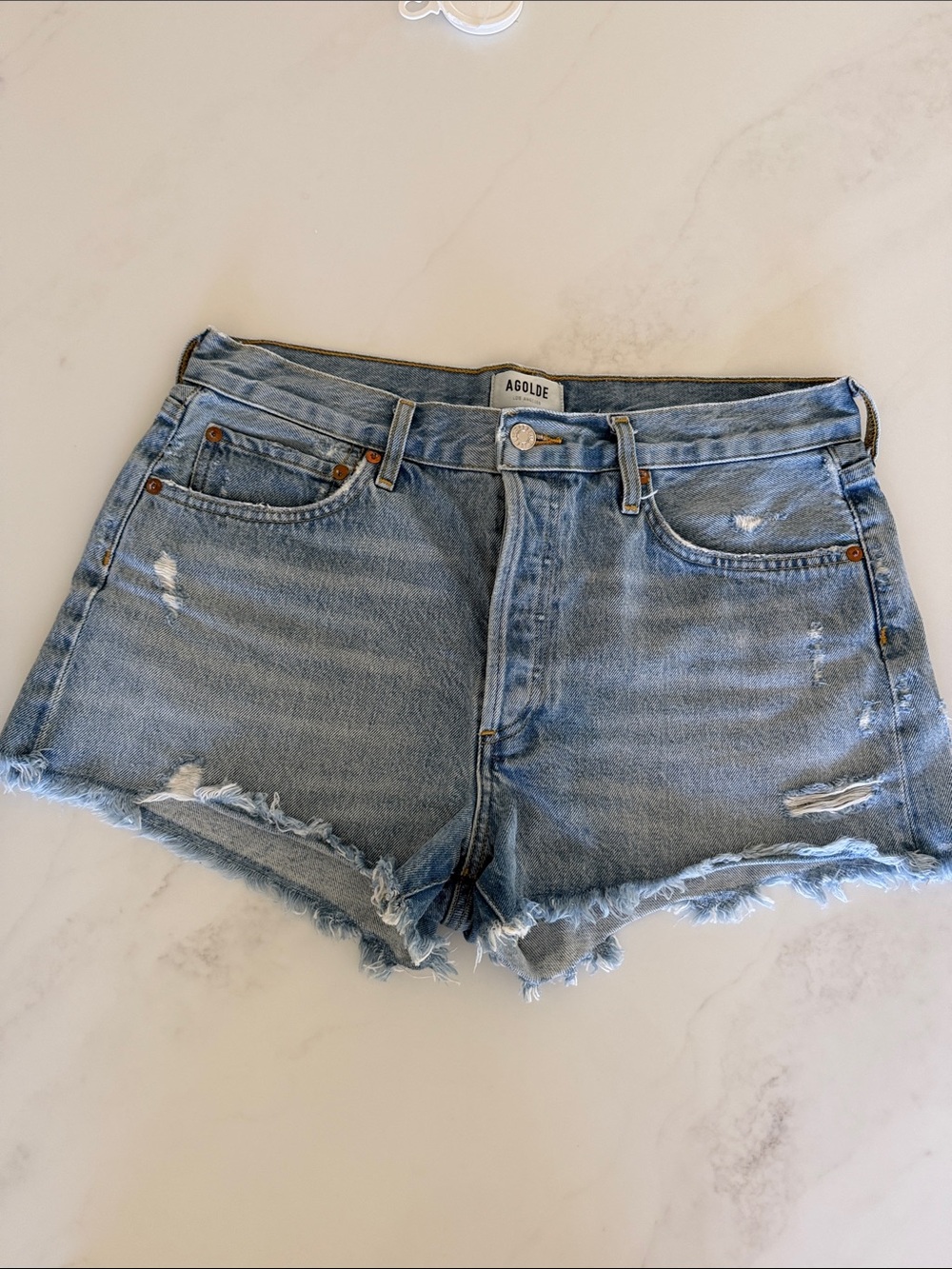 Agolde Parker short Light Wash Distressed Frayed Hem Denim Shorts